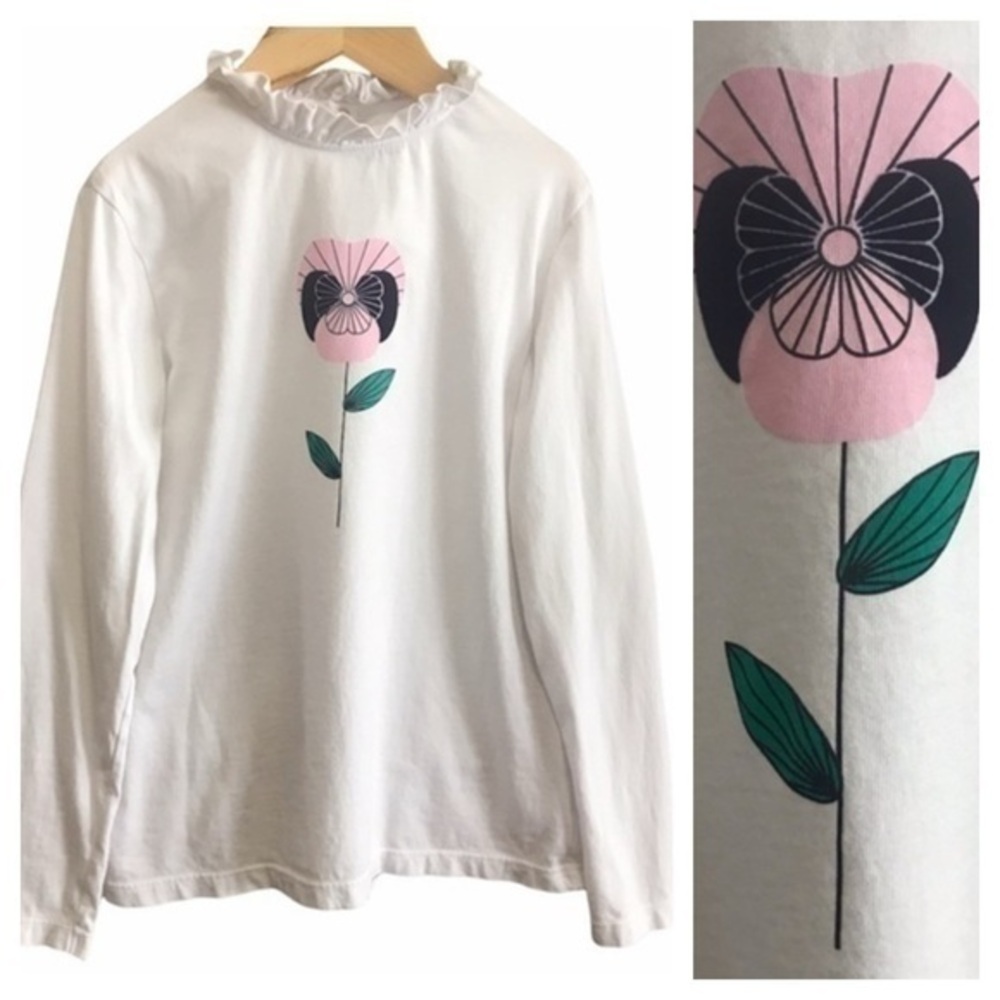 Jacadi White Pink Purple Green Flower Graphic Long Sleeve Ruffle Neck Shirt